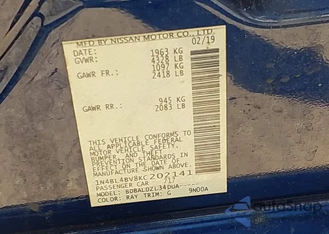 2019 Nissan Altima 2.5 S from USA, damaged, VIN 1N4BL4BV8KC202141